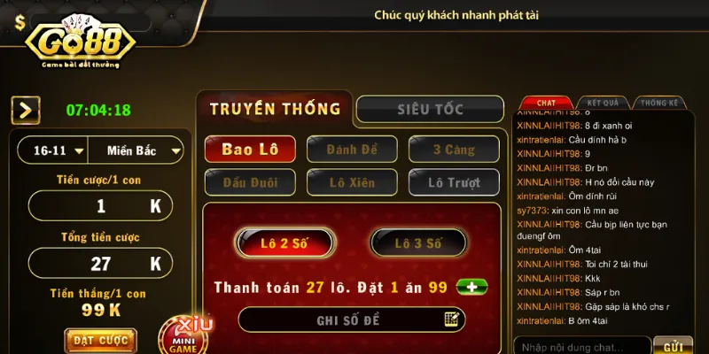 Giao diện lô đề 1 ăn 99 của cổng game Go88